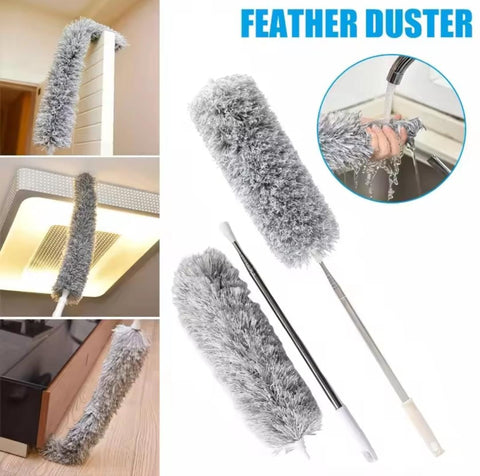Microfiber Gray Fan Duster – Extendable Stainless Steel Long Pole & Bendable Washable Cleaning Brush