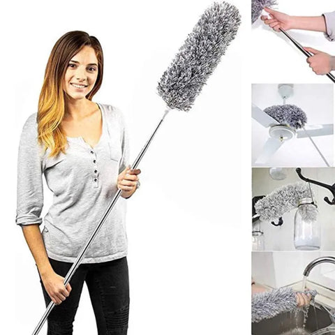 Microfiber Gray Fan Duster – Extendable Stainless Steel Long Pole & Bendable Washable Cleaning Brush